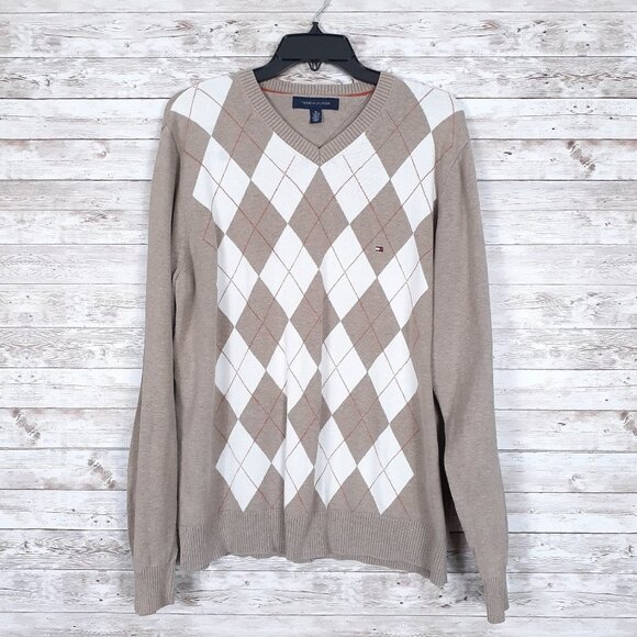 Tommy Hilfiger Argyle Sweater XL VNeck Beige 694A - Picture 1 of 4